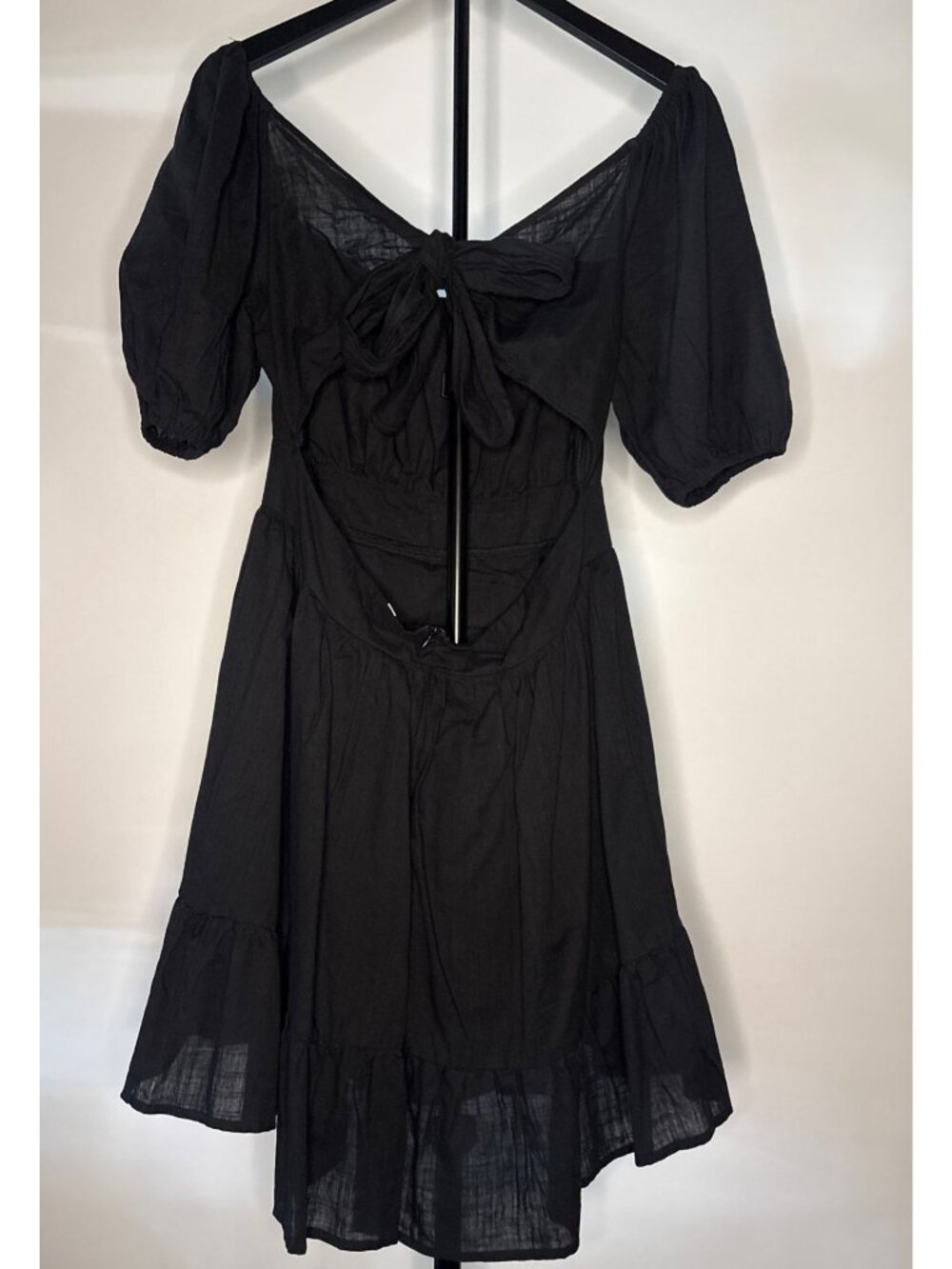 SHEIN Midi Black Backless Cut Out Puff Sleeve Tie Back Smocked Waist Ruffled Hem - Picture 7 of 16